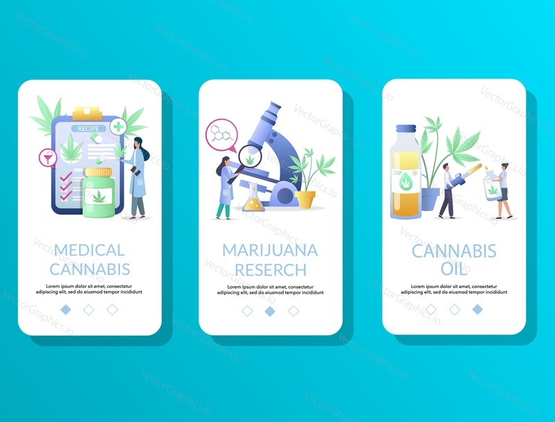 Медицинский каннабис, исследования марихуаны, мобильное приложение Cannabis oil на экранах загрузки. Векторный шаблон баннера меню для разработки веб-сайтов и приложений. Концепция медицинской и рекреационной марихуаны.