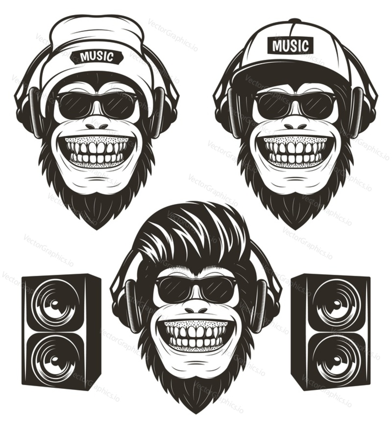Cool hip hop music monkey set, vector graphics for t-shirt, etc. Funny hand drawn monkeys in sunglasses and with headphones wearing hat and cap listening to music, loudspeakers.