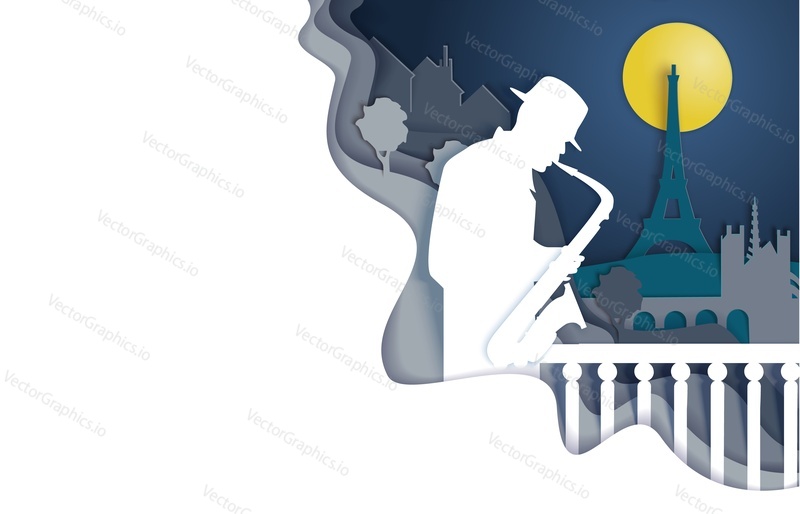 Jazz concert or music festival poster design template, vector illustration in paper art craft style. Musician playing saxophone silhouette.