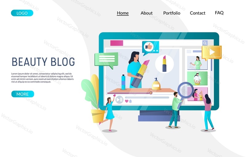 Beauty blog vector website template, web page and landing page design for website and mobile site development. Female beauty blogger presenting lipstick trends. Fashion video review, online channel.