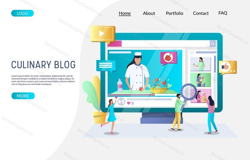 Culinary blog vector website template, web page and landing page design for website and mobile site development. Online cooking classes, food blog online channel, live broadcast, culinary video.