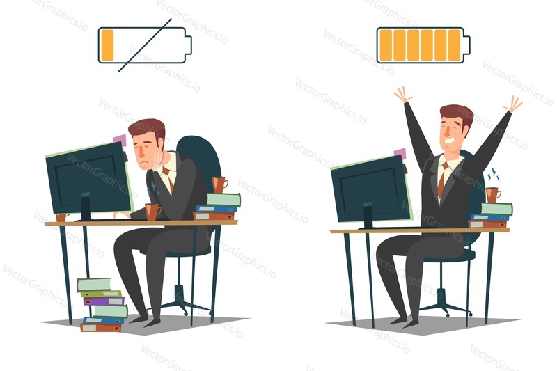Full of energy and tired exhausted businessmen at workplace, vector flat isolated illustration. Office people with low and high full level energy batteries using computers. Work fatigue concept.