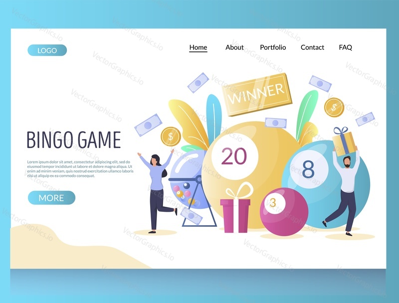 Bingo game vector website template, web page and landing page design for website and mobile site development. Huge balls with lucky numbers, raffle drum and tiny characters lottery winners.