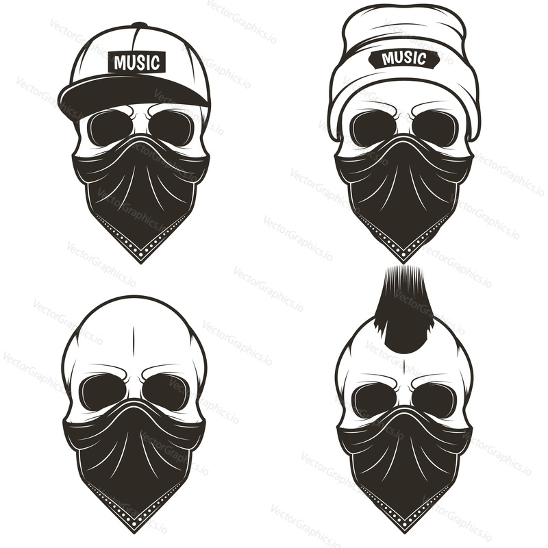 Human skull in face scarf set, vector hand drawn illustration isolated on white background. Skull with iroquois, wearing hat and cap, t-shirt graphics.