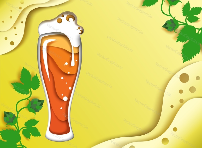 Mug of beer with foam, hop branches, vector illustration in paper art modern craft style. Brewery, beer festival, poster, banner design template.