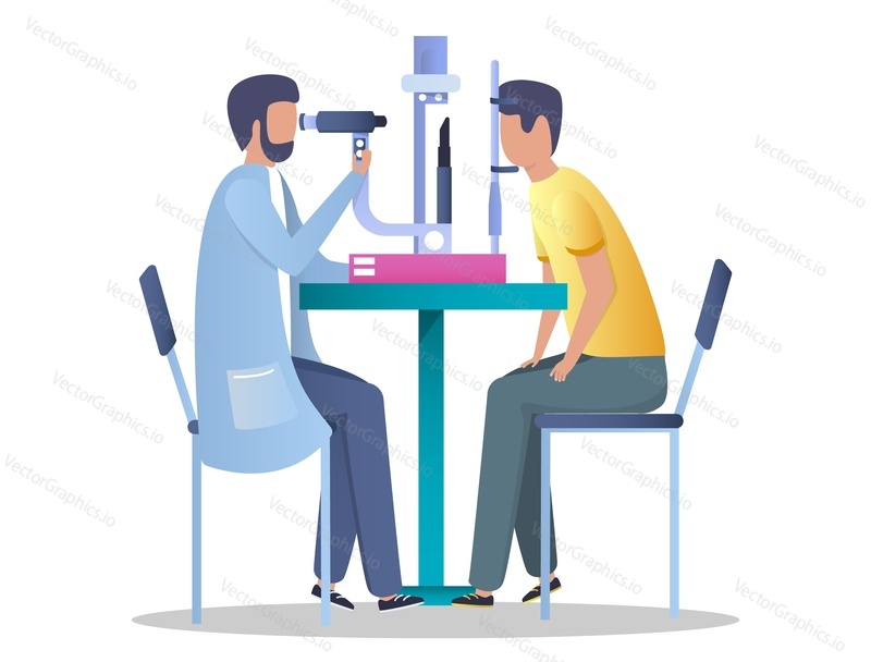 Ophthalmologist checking eyesight of his patient using eye test machine, vector flat illustration. Optometry, ophthalmology diagnostics, vision correction concept for web banner, website page etc.