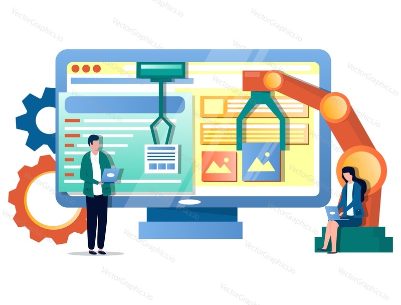 Vektorové ilustrace malých postav IT profesionálové vytváření automatizační software, velký počítačový monitor, robotické rameno. Koncept automatizace IT procesů pro webový banner, webovou stránku atd.