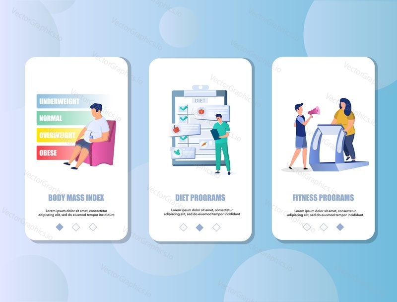 Overweight mobile app onboarding screens. Menu banner vector template for website and application development. Vegan diet, fitness and weight loss programs concept.