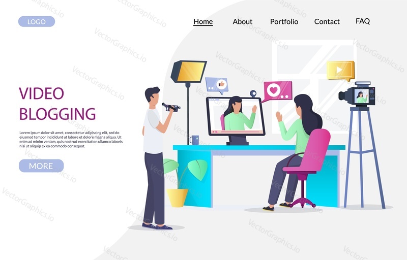Video blogging vector website template, web page and landing page design for website and mobile site development. Creating video content, blog creation concept.
