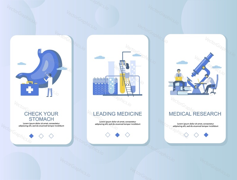 Stomach check up mobile app onboarding screens. Menu banner vector template for website and application development. Gastroscopy procedure, medical research.