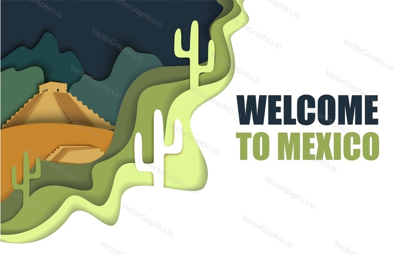 Vítejte v Mexiku plakát šablony, vektorové ilustrace v papírové umění stylu. Chichen Itza, Mexiko nejslavnější Mayská pyramida a kaktusy složení pro webový banner, webová stránka atd.