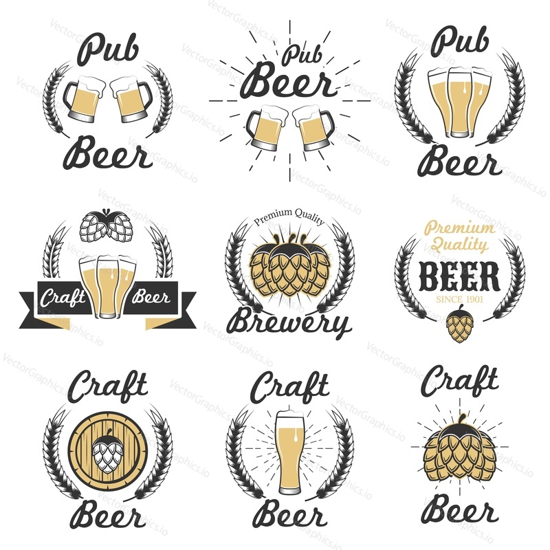 Craft beer emblem, logo, odznak a štítek vector set pro pivní dům, bar, hospoda, pivovarnická společnost. Vintage ruční nápisy typografie s hrnky, chmel, pšenice uši, dřevěný sud na bílém pozadí.