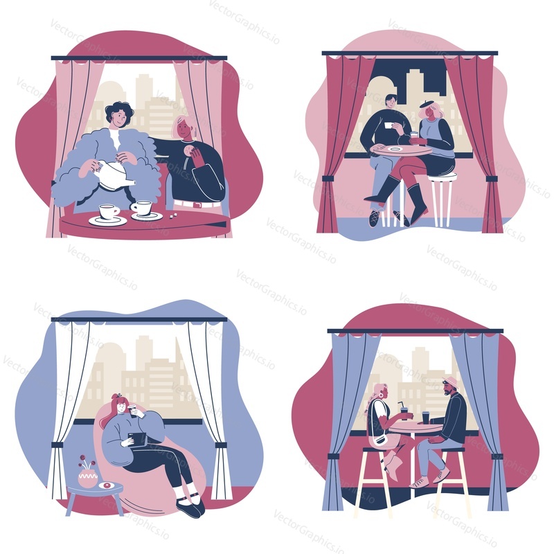 Happy couples drinking coffee in cafe, coffee house, restaurant, vector illustration isolated on white background. Coffee break, dating concept for web banner, website page, poster etc.