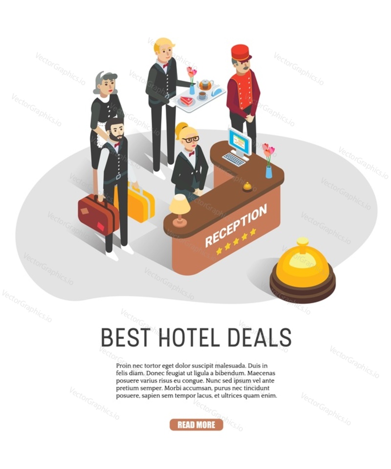 Nejlepší nabídky hotelů web banner šablona. Vektorové izometrické znaky hotelový personál poskytující služby zákazníkům. Koncept propagace hotelového pokoje.