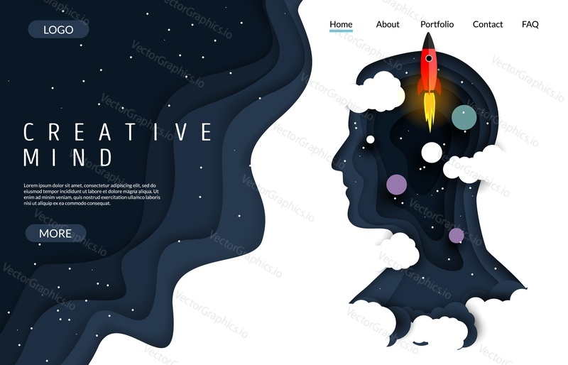 Векторный шаблон веб-сайта Creative mind, дизайн веб-страницы и целевой страницы для разработки веб-сайтов и мобильных сайтов. Вырезанный из бумаги силуэт человеческой головы с ночным звездным небом, ракетой и планетами.