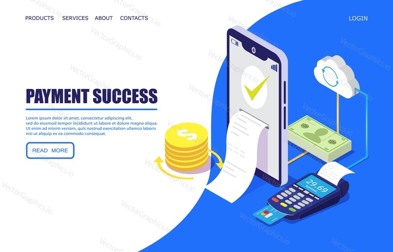 Векторный шаблон веб-сайта Payment success, дизайн веб-страницы и целевой страницы для разработки веб-сайтов и мобильных сайтов. Бесконтактные платежи с помощью мобильного телефона, кредитной или дебетовой карты, nfc, онлайн-банкинга.