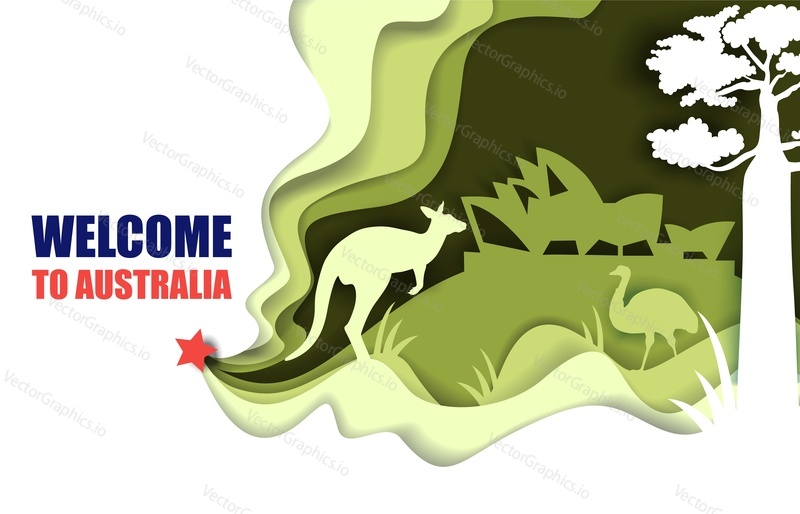 Welcome to Australia travel poster template, vector illustration in paper art style. Sydney Opera House world famous landmark, ostrich and kangaroo silhouettes composition for web banner, website page