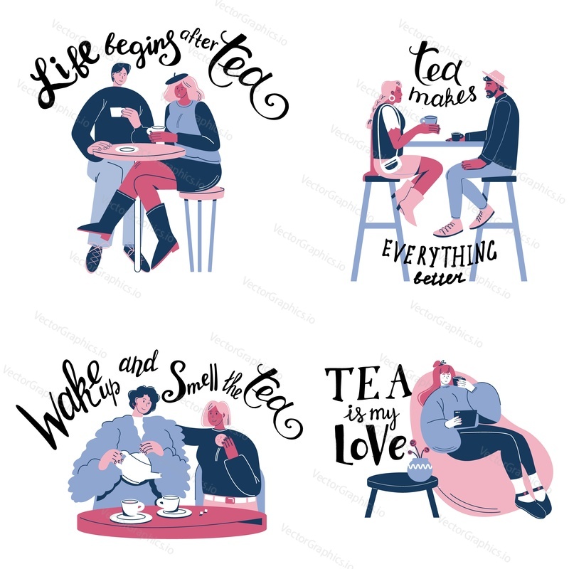 Inspirational tea quotes and sayings hand lettering typography with happy couples enjoying green or black tea, vector flat illustration isolated on white background.