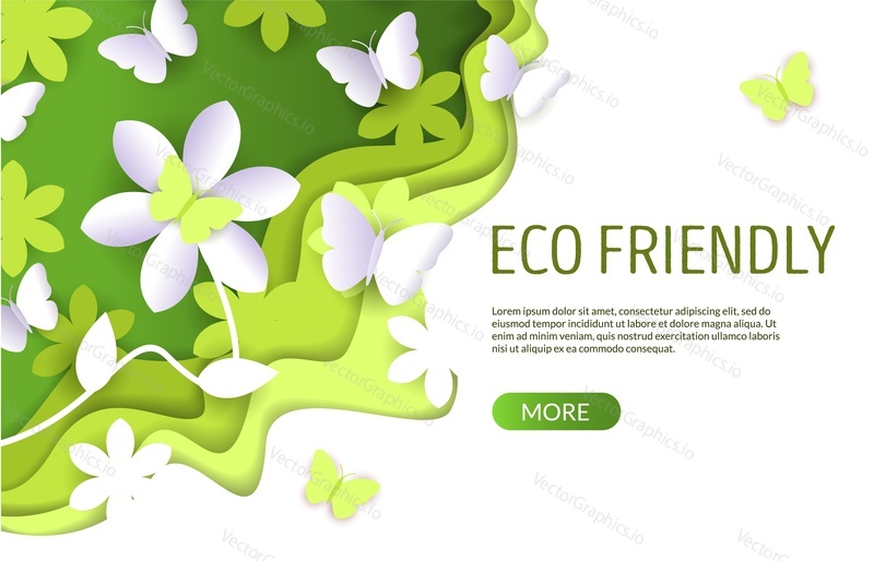 Eco friendly vektorové webové stránky šablony, webové stránky a vstupní stránky design pro vývoj webových stránek a mobilních stránek. Papír řezané zelené tvary s bílými květy, motýly. Ekologický životní styl, úspora životního prostředí.