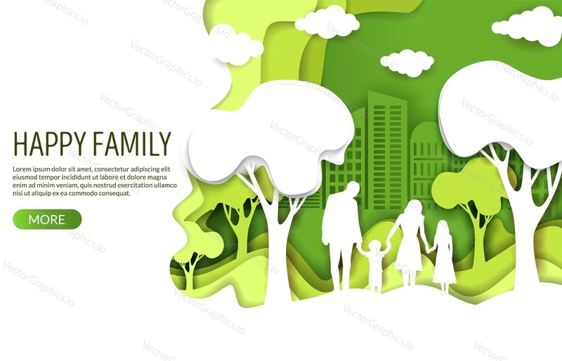 Happy family vector website template, web page and landing page design for website and mobile site development. Paper cut green with white eco city and family with two kids silhouettes.