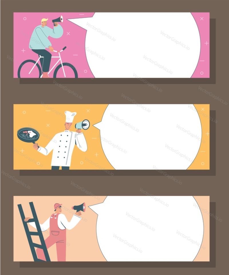 Announcement horizontal banner template set, vector flat style design illustration. People of various professions with megaphones and speech bubbles for text.