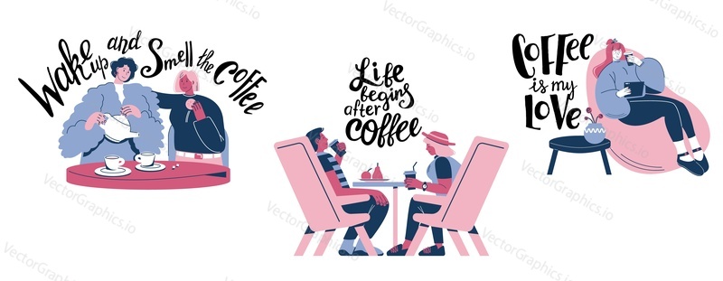 Coffee quotes hand lettering typography with happy couples enjoying latte, cappuccino or black coffee, vector flat illustration isolated on white background. Morning coffee inspirational sayings.