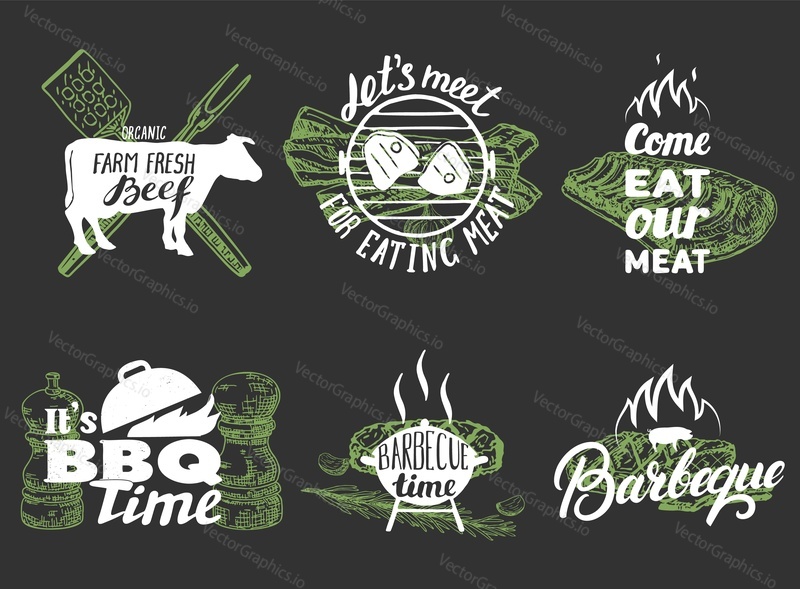 Barbeque quotes hand lettering typography, vector illustration. Vintage grill labels, emblems, logos and badges with meat and barbecue sayings and phrases on black background.