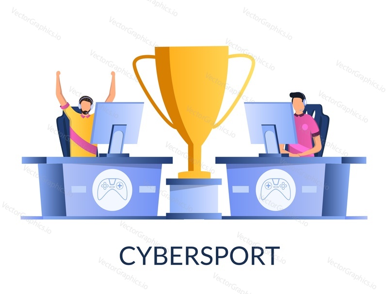 E-sportovní turnaj, vektorové ilustrace. Dva profesionální hráči hrají online videohru před obrazovkami počítačových monitorů a mezi nimi obrovský pohár ocenění. Koncept cybersportu pro webový banner atd.