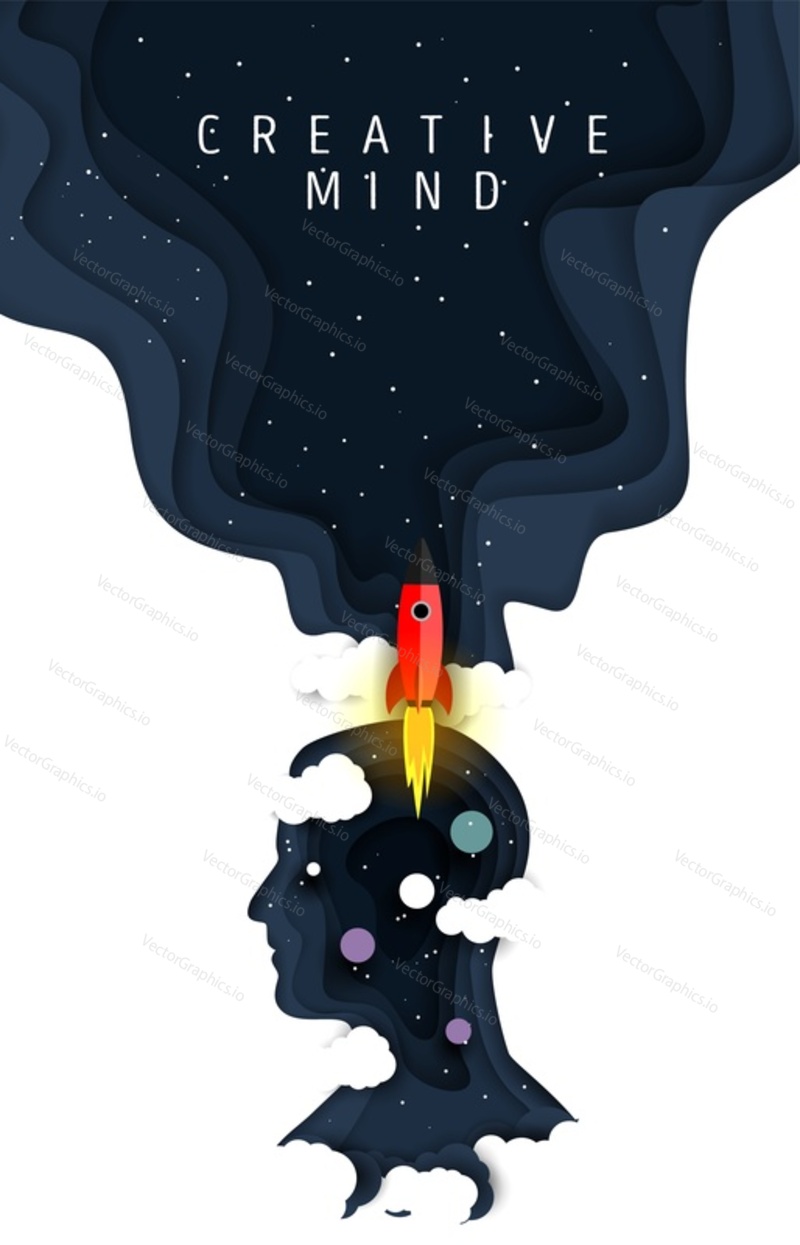 Шаблон плаката Creative mind, векторная иллюстрация в стиле бумажного искусства. Силуэт человеческой головы на фоне ночного звездного неба, ракеты и планет.