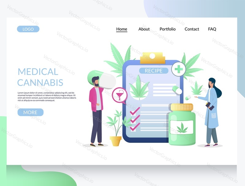 Medical cannabis vector website template, web page and landing page design for website and mobile site development. Medical and recreational marijuana, health benefits of cannabidiol concept.