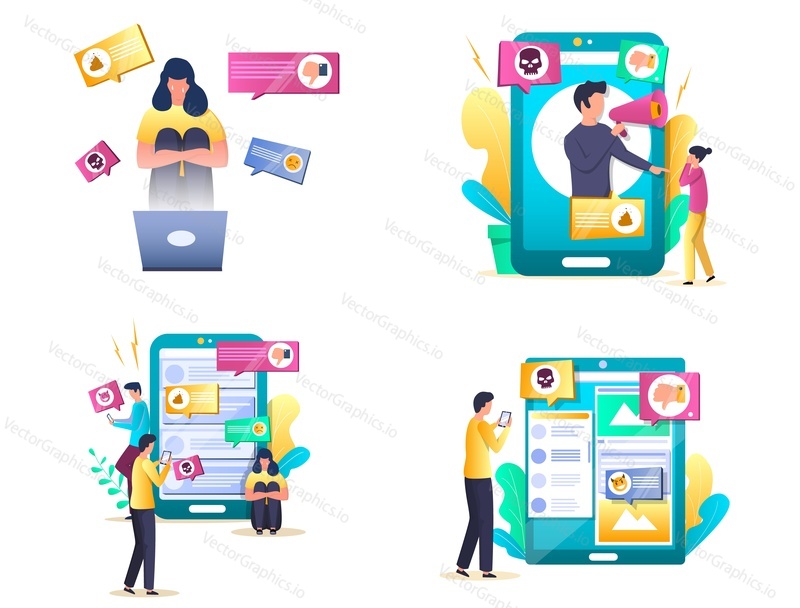Internet trolling vector illustration set isolated on white background. Social media bullying, cyberbullying, digital harassment concept for web banner, website page etc.