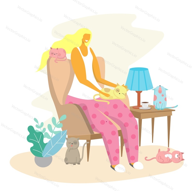 Young woman sitting in armchair and her cute cats vector flat style design illustration. Living room interior. Love for pets concept for web banner, website page etc.