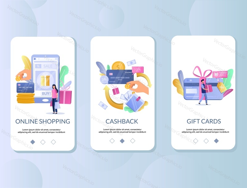 Экраны загрузки мобильного приложения Retail rewards. Векторный шаблон баннера меню для разработки веб-сайтов и приложений. Кэшбэк, подарочные карты, программы лояльности клиентов для электронной коммерции, онлайн-покупок.