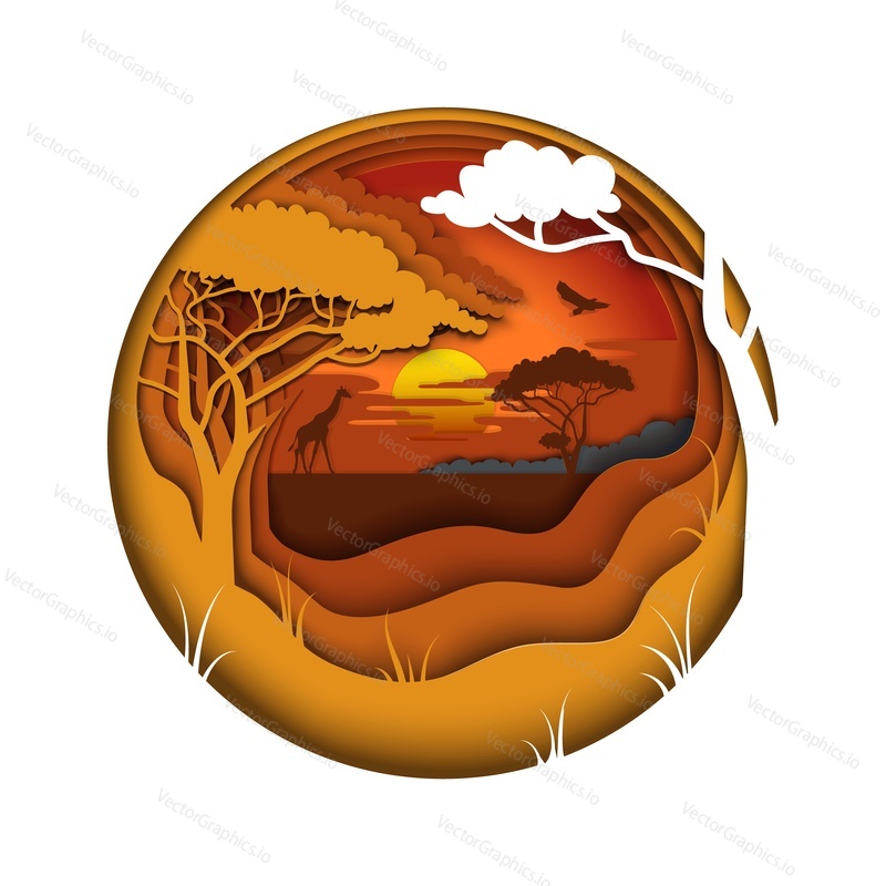 Safari park scene with giraffe silhouette, sunset, vector illustration in paper art style. Africa for travel poster, postcard, web banner etc.