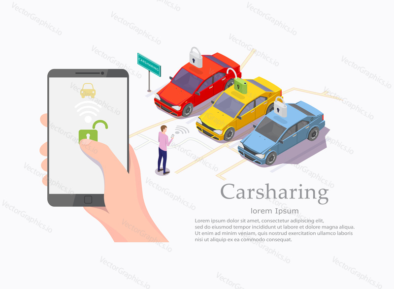 Carsharing vektorové webové banner šablony. Smartphone v lidské ruce, izometrická auta k pronájmu na parkovišti a muž s mobilním telefonem před nimi. Carpooling service, car sharing mobile app concept.
