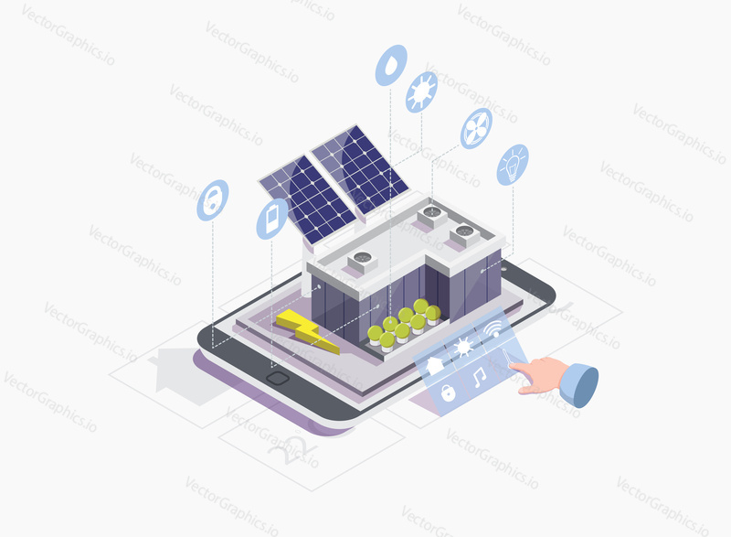 Solární fotovoltaika FV průmysl a inteligentní domácí systémy řízené pomocí smartphonu, vektorové izometrické ilustrace. Koncept technologie IoT, obnovitelné energie a inteligentní sítě pro webový banner, webová stránka.