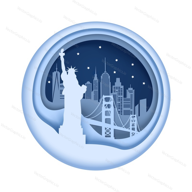 Statue of Liberty, world famous and historic New York city landmark, vector illustration in paper art style. America for travel poster, postcard, web banner etc.