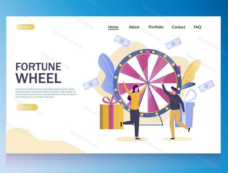 Fortune wheel vector website template, web page and landing page design for website and mobile site development. Lucky roulette, lottery and casino gambling concept.