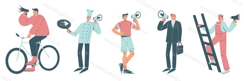 People of various professions with megaphones, vector flat style design illustration isolated on white background. Announcement concept for web banner, website page etc.