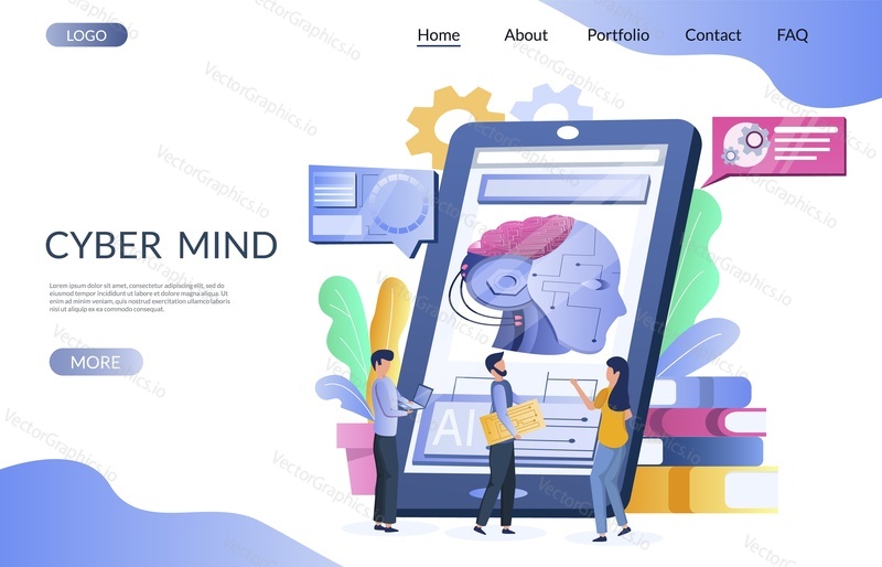Векторный шаблон веб-сайта Cyber mind, дизайн веб-страницы и целевой страницы для разработки веб-сайтов и мобильных сайтов. Машинное обучение, искусственный интеллект, концепция кибертехнологий.