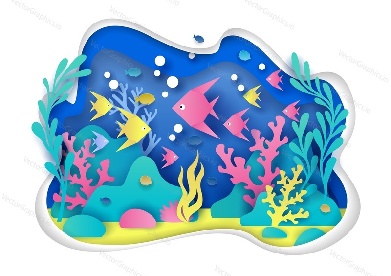 Vector paper cut underwater sea cave with coral reef, fish, seaweed. Deep ocean bottom landscape and marine life. Aquarium or public aquaria concept for web banner, website page etc.