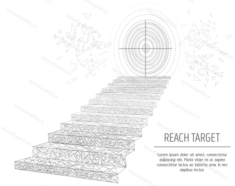 Stairway to target, low poly wireframe mesh made of points, lines and shapes. Vector polygonal art style illustration. Reach target, path to success concept poster banner template with copy space.