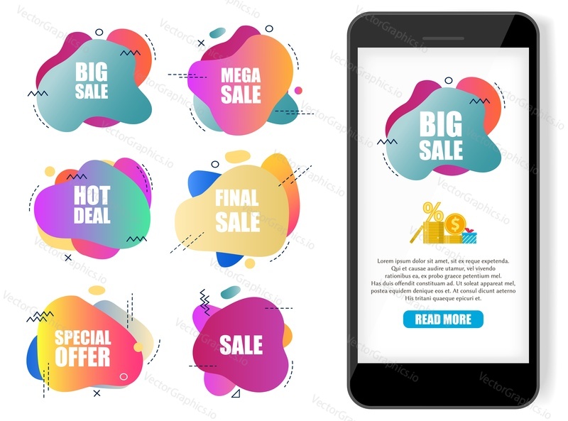 Speciální nabídka a prodej label vector set. Trendy gradient dynamické tekuté abstraktní tvary různých barev s textem. Hot deal, velké, Mega a konečné prodejní bannery.