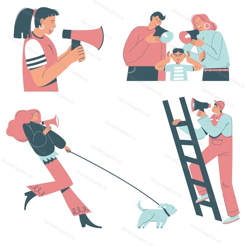 Angry people shouting through megaphones, vector flat style design illustration isolated on white background.