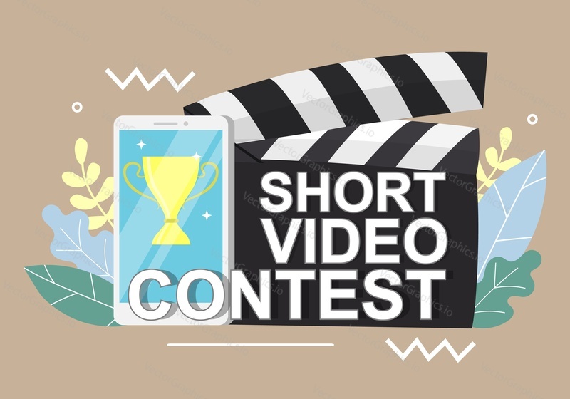 Krátké video soutěžní oznámení na klapce, smartphone s pohárem na obrazovce, vektorové ploché ilustrace. Mobilní koncept soutěže krátkých filmů pro webový banner, webovou stránku atd.