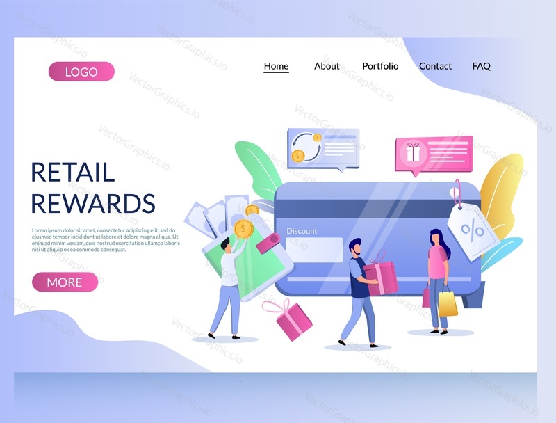 Векторный шаблон веб-сайта Retail rewards, дизайн веб-страницы и целевой страницы для разработки веб-сайтов и мобильных сайтов. Программа лояльности Customer reward, зарабатывайте бонусы, баллы, подарочные карты за онлайн-покупки