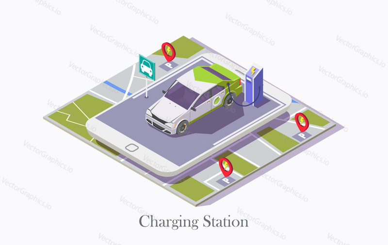 Charging station vector web banner template. Isometric city map with ev recharging point, smartphone and electric car on it. Electric vehicle charging station locator mobile application concept.