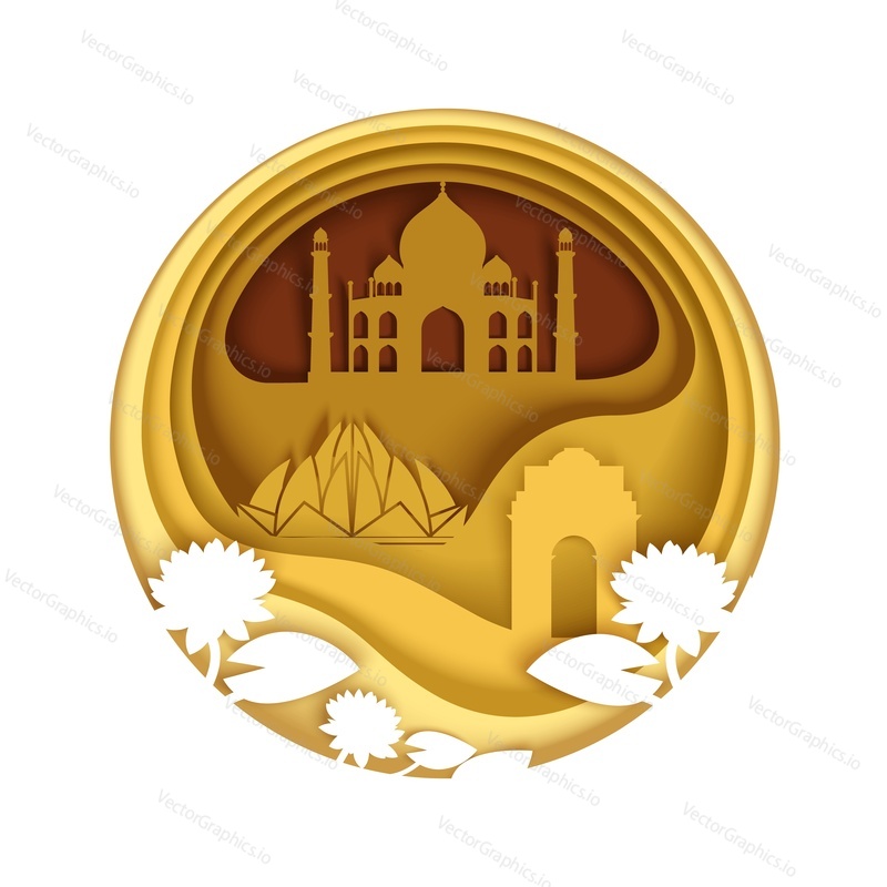 Taj Mahal, Indie brána, Lotosový chrám světově proslulé památky a lotosové květy, vektorové ilustrace v papírovém uměleckém stylu. Indie pro cestovní plakát, pohlednice, webový banner atd.