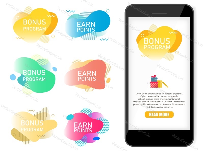 Bonus program, earn points label banner vector set. Trendy gradient dynamic liquid abstract shapes of various colors with text. Customer reward bonus points loyalty program concept for web banner etc.