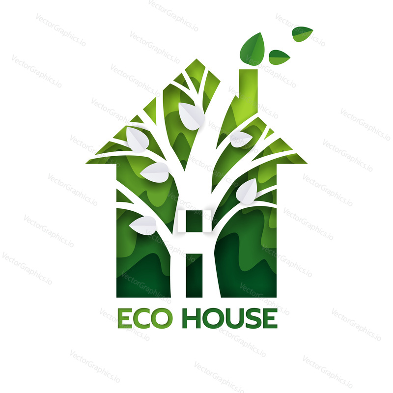 Strom uvnitř zeleného domu, vektorové ilustrace v papírovém uměleckém stylu. Ekologie, zachraňte planetu, ochrana životního prostředí, koncept loga eco house.